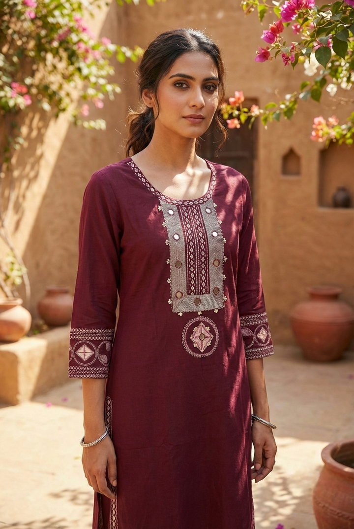 Neerus Maroon cotton hand embroidered kurta - back view
