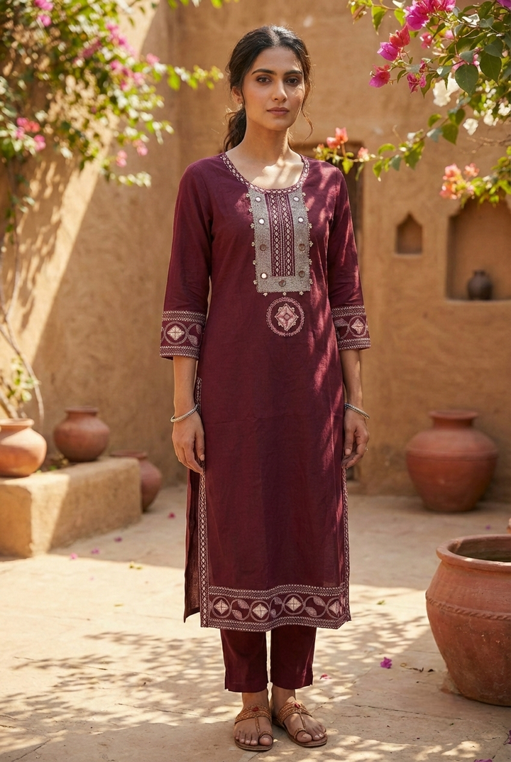 Neerus Maroon cotton hand embroidered kurta - front view