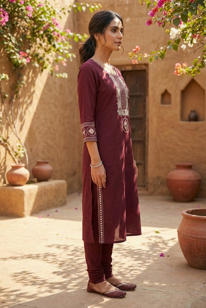 Neerus Maroon cotton hand embroidered kurta - side view