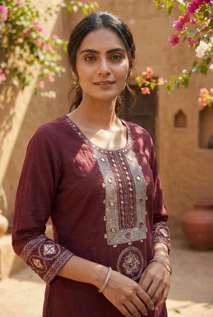 Neerus Maroon cotton hand embroidered kurta - detail view 1