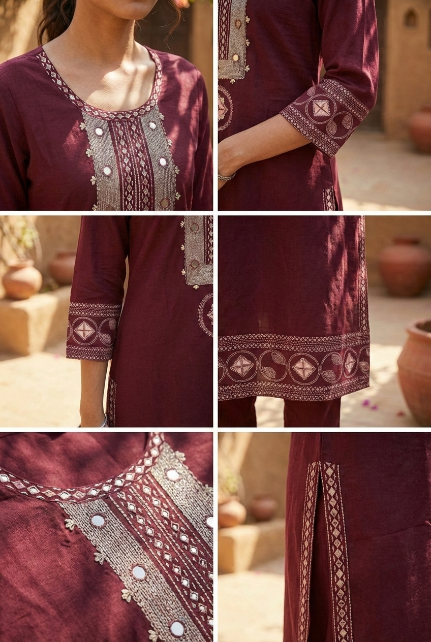 Neerus Maroon cotton hand embroidered kurta - detail view 2