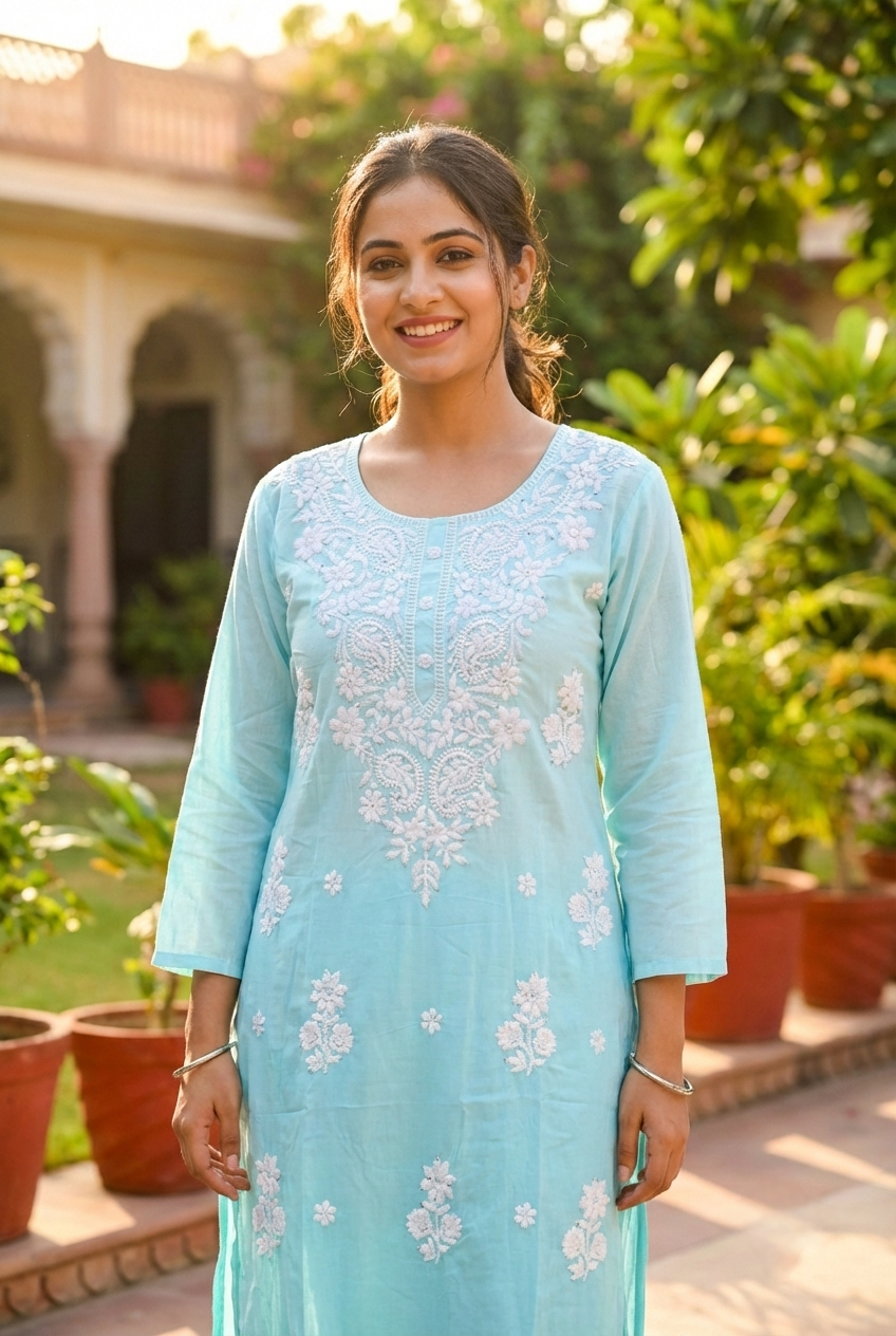 Neerus Blue Rayon Hand Embroidered Kurti - back view