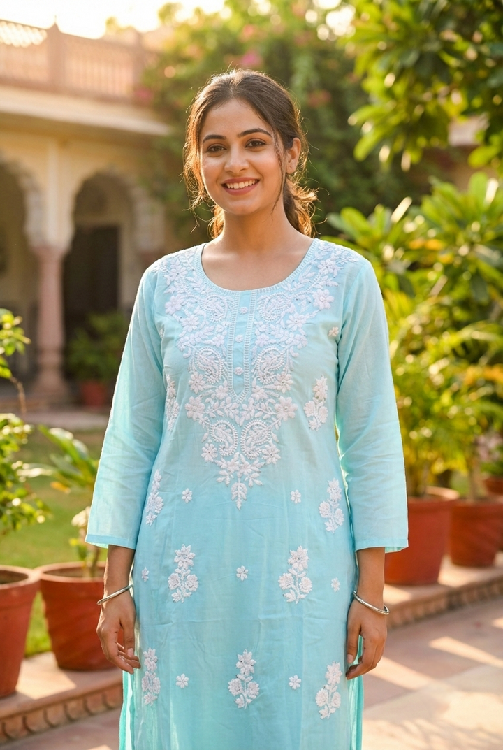 Neerus Blue Rayon Hand Embroidered Kurti - back view