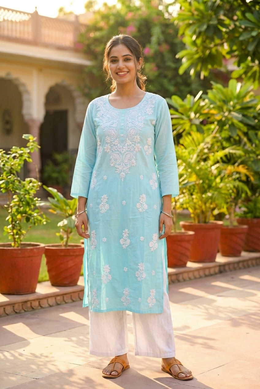 Neerus Blue Rayon Hand Embroidered Kurti - front view