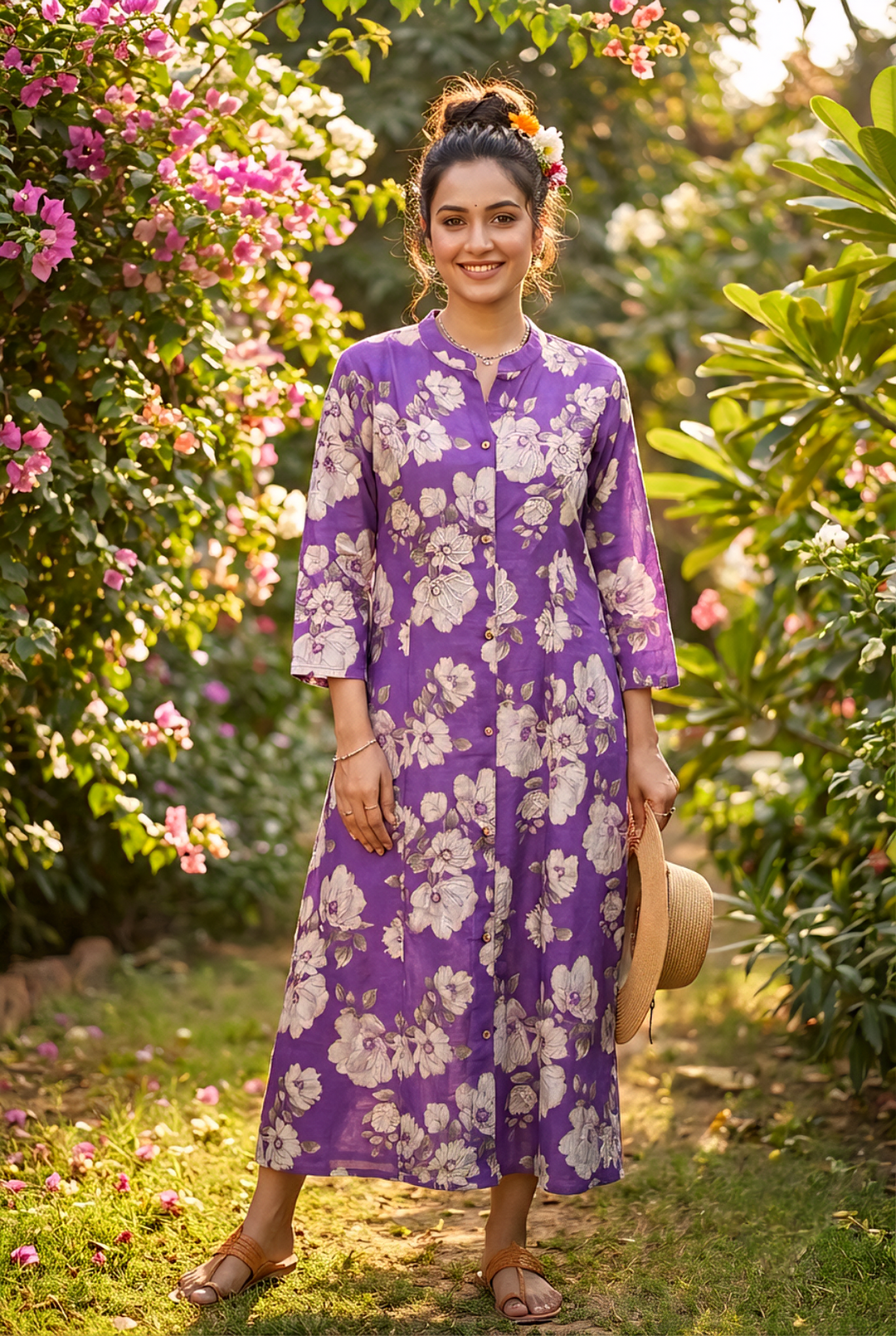 Neerus Purple rayon printed kurti - front view