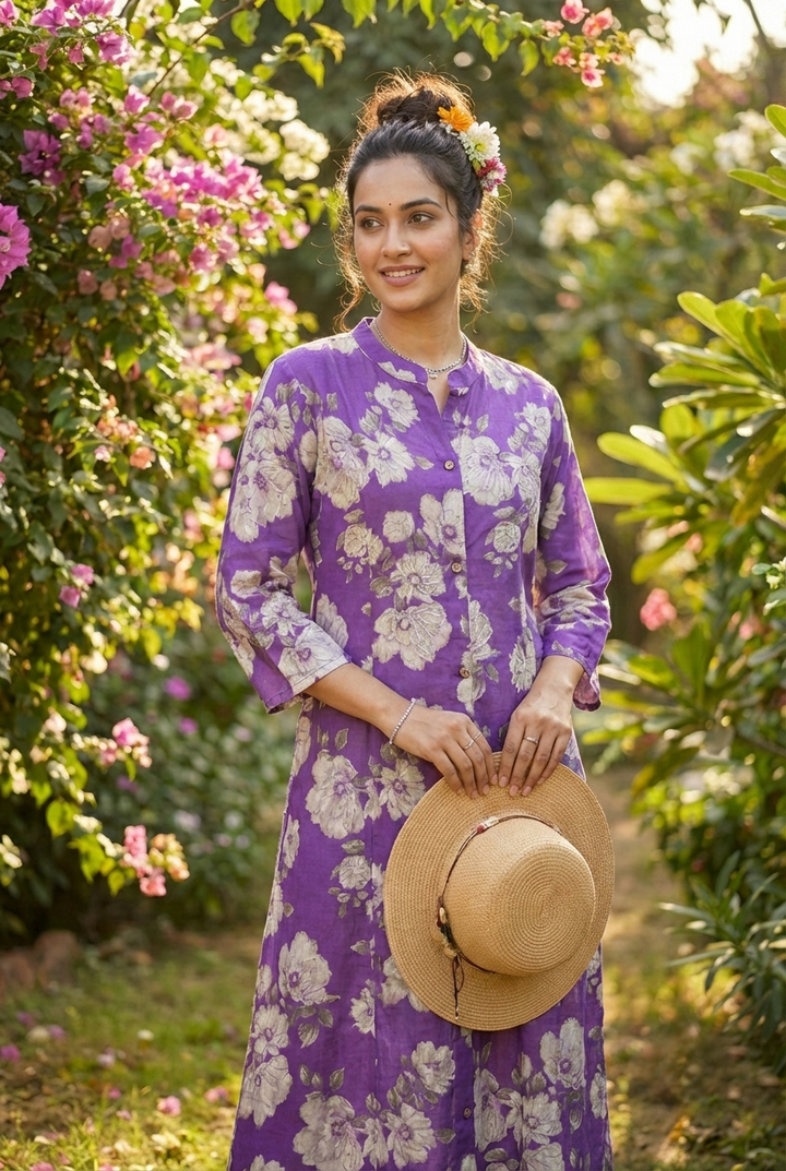 Neerus Purple rayon printed kurti - back view