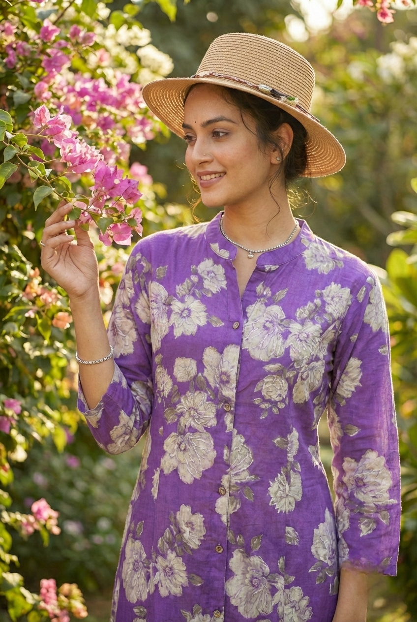 Neerus Purple rayon printed kurti - side view