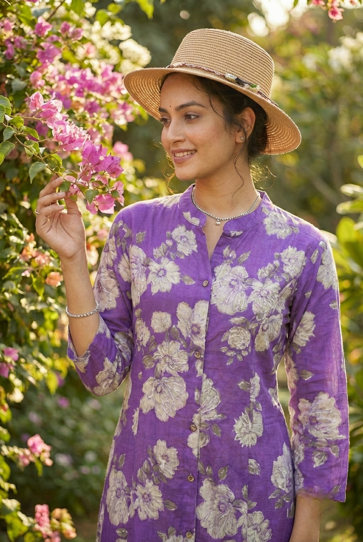Neerus Purple rayon printed kurti - side view