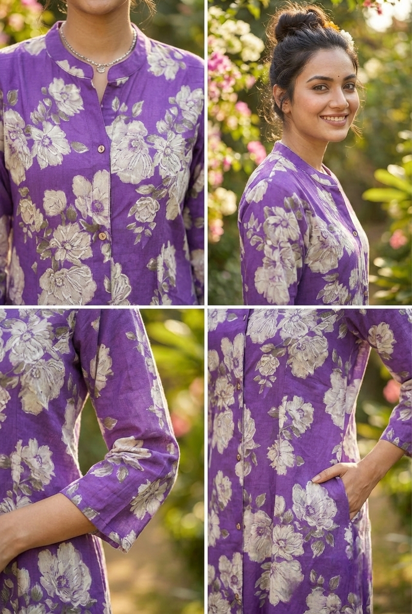 Neerus Purple rayon printed kurti - detail view 1