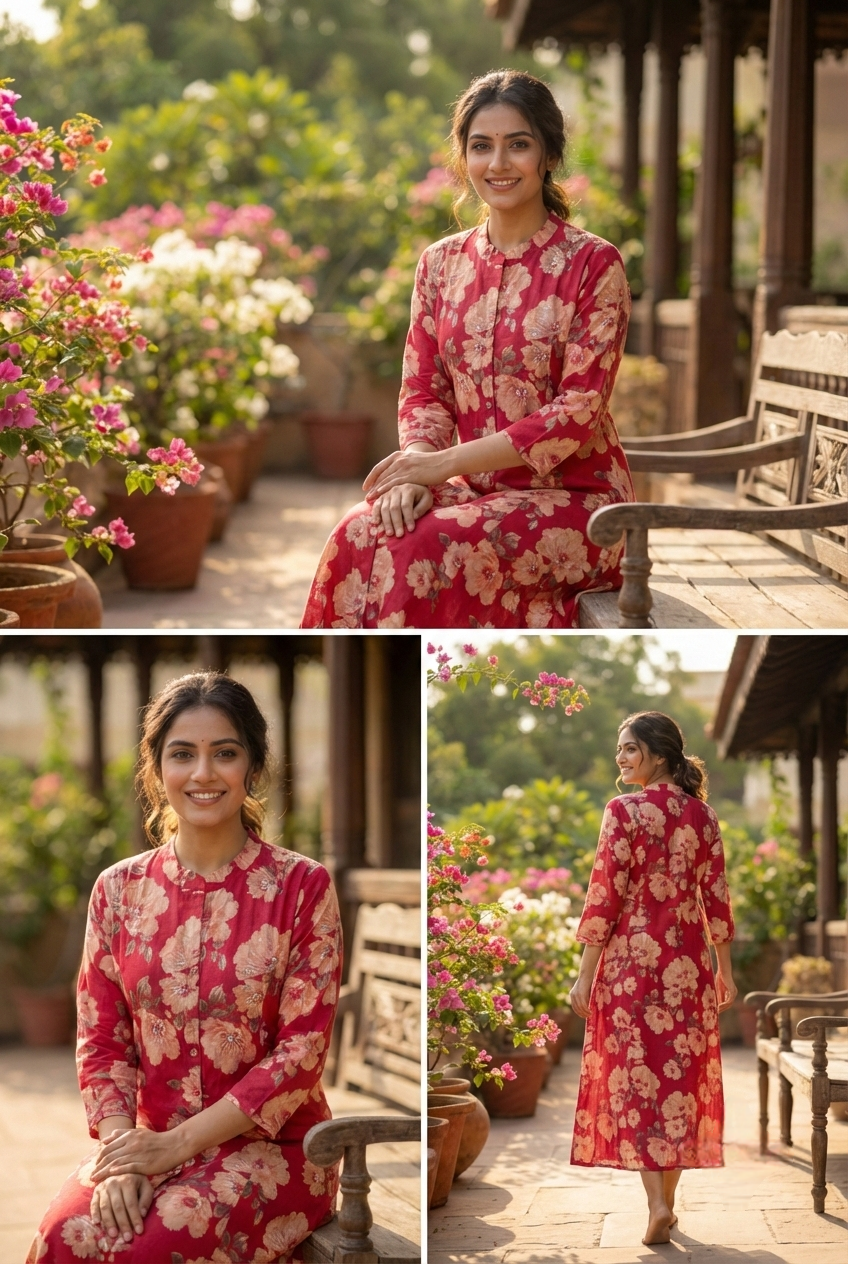 Neerus Pink rayon printed kurta floral - side view