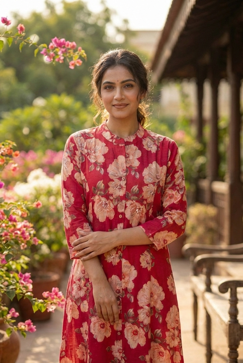 Neerus Pink rayon printed kurta floral - back view
