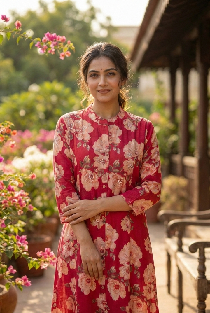 Neerus Pink rayon printed kurta floral - back view