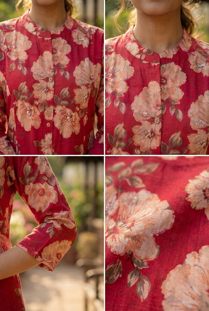 Neerus Pink rayon printed kurta floral - detail view 1