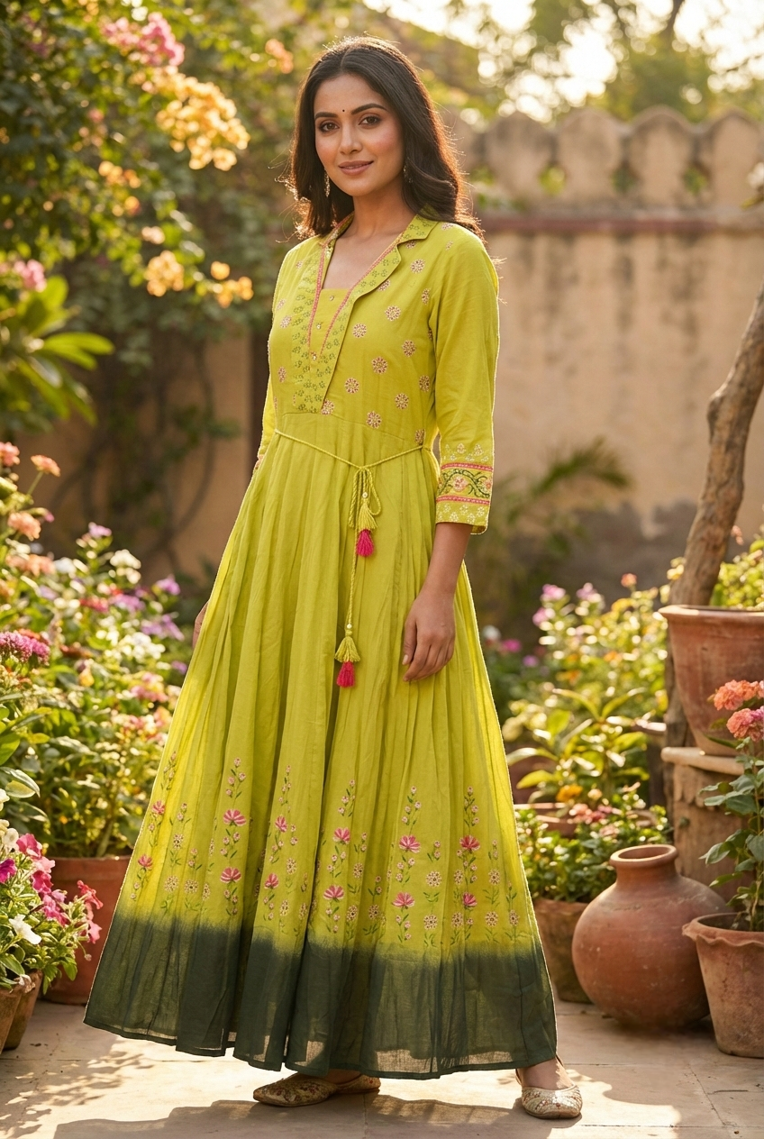 Neerus Green cotton printed maxi dress - front view