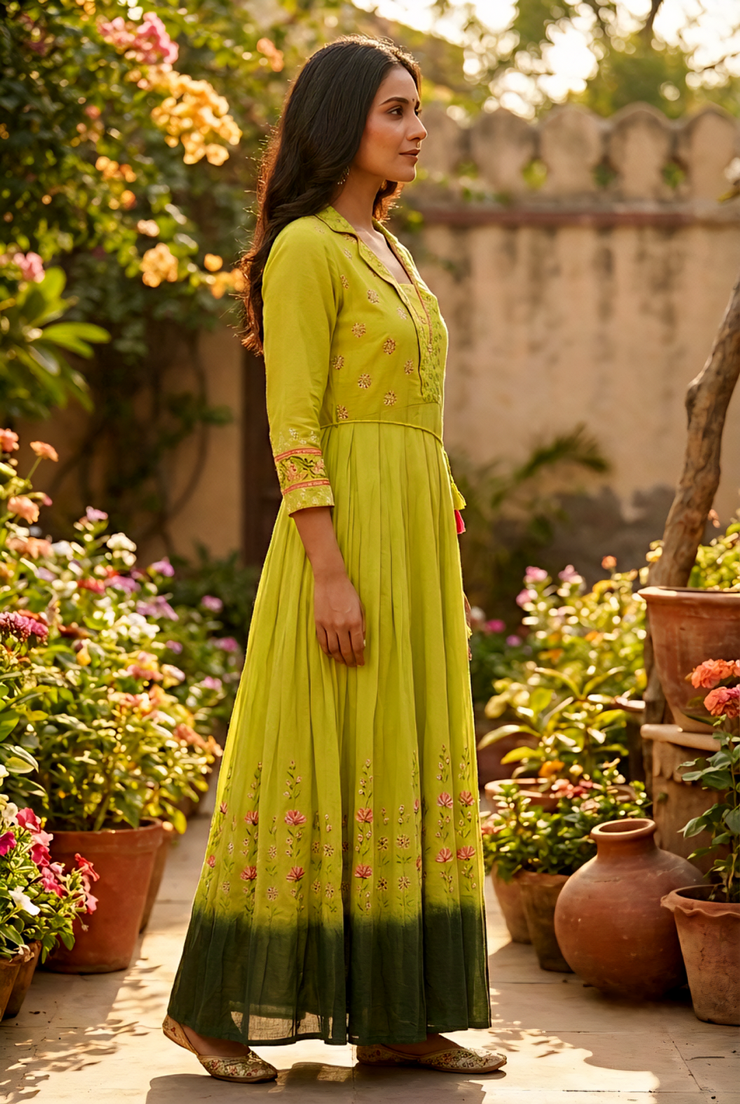 Neerus Green cotton printed maxi dress - side view