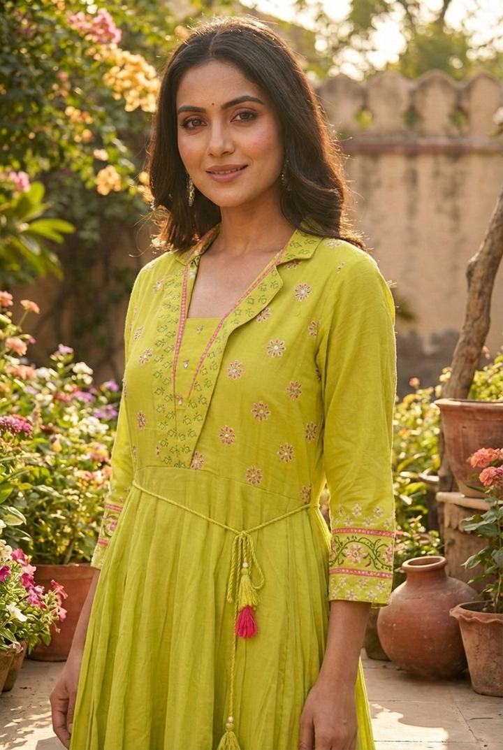 Neerus Green cotton printed maxi dress - detail view 2