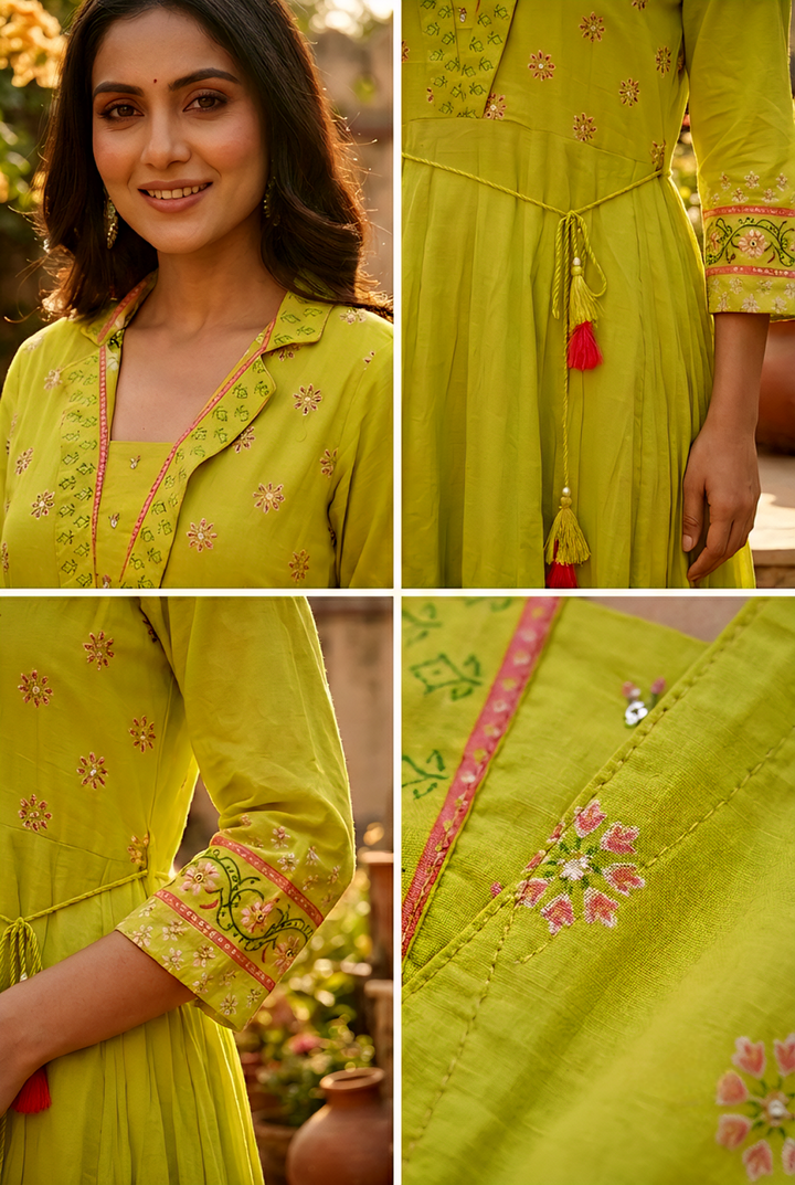 Neerus Green cotton printed maxi dress - detail view 3