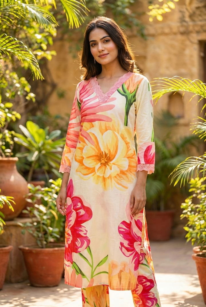 Neerus Yellow cotton printed kurta set - back view
