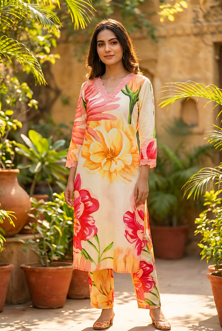 Neerus Yellow cotton printed kurta set - front view