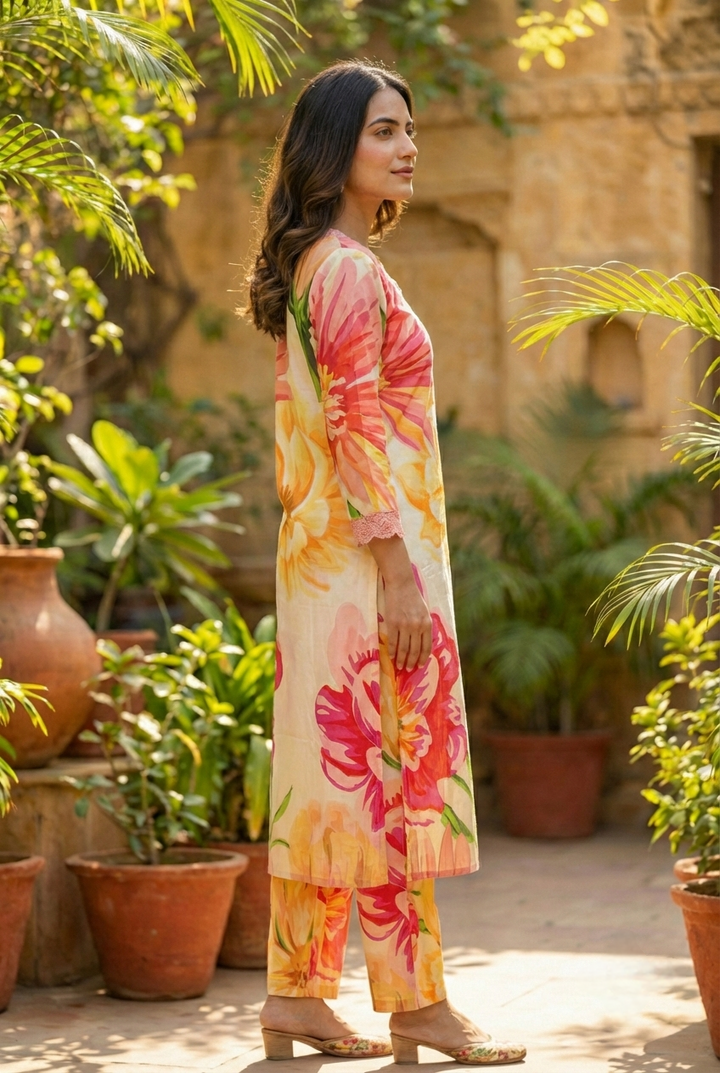 Neerus Yellow cotton printed kurta set - side view