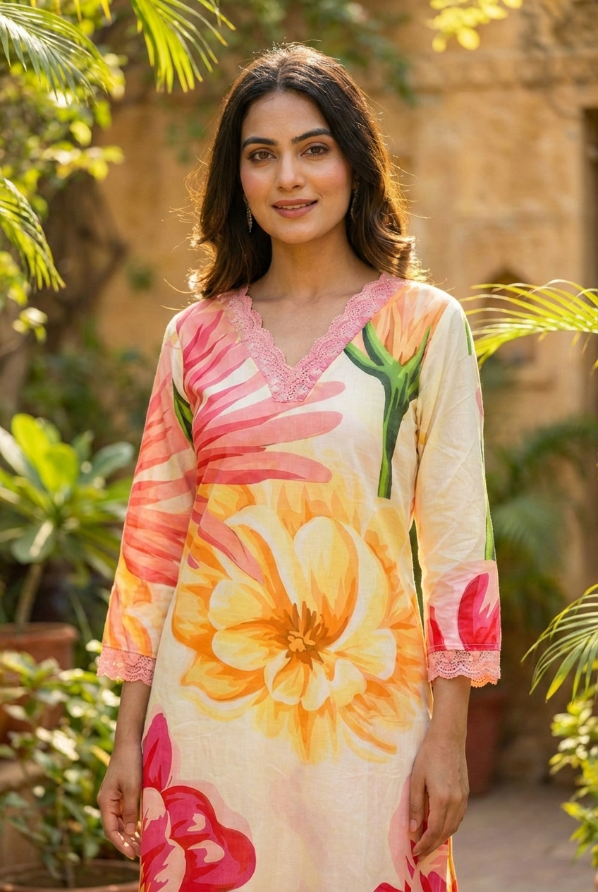 Neerus Yellow cotton printed kurta set - detail view 1