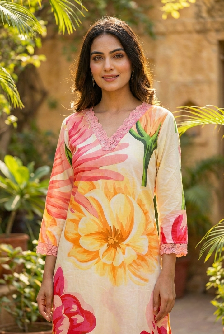 Neerus Yellow cotton printed kurta set - detail view 1