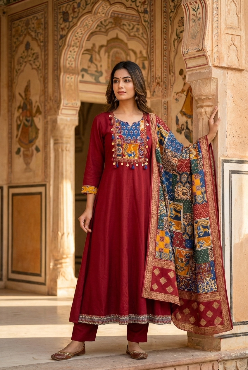 Neerus Maroon silk printed suit set - front view