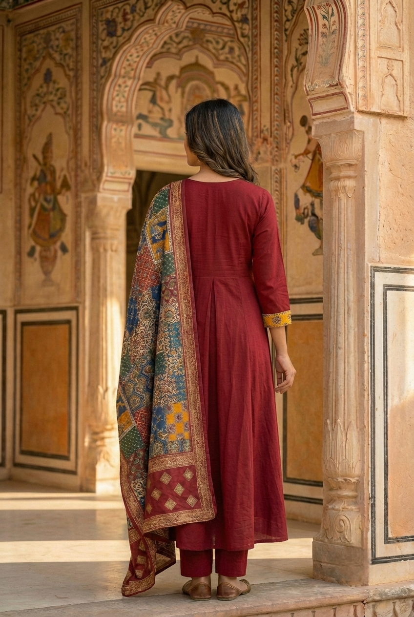 Neerus Maroon silk printed suit set - back view