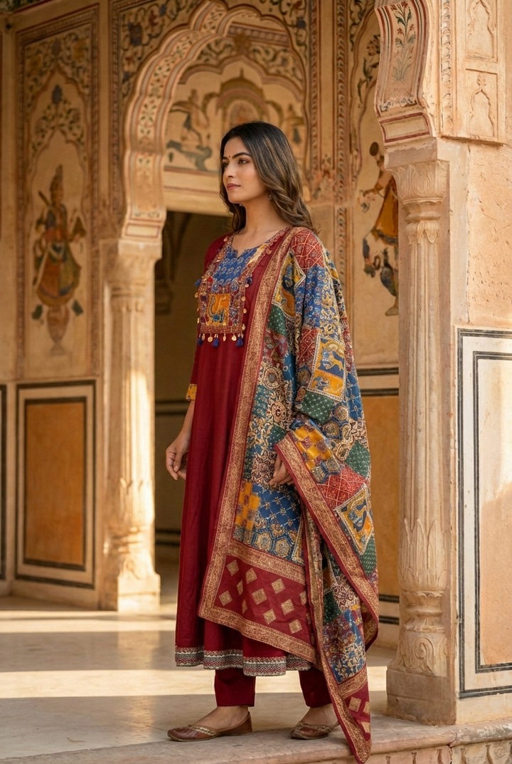 Neerus Maroon silk printed suit set - side view