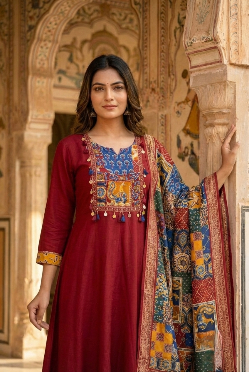 Neerus Maroon silk printed suit set - detail view 1