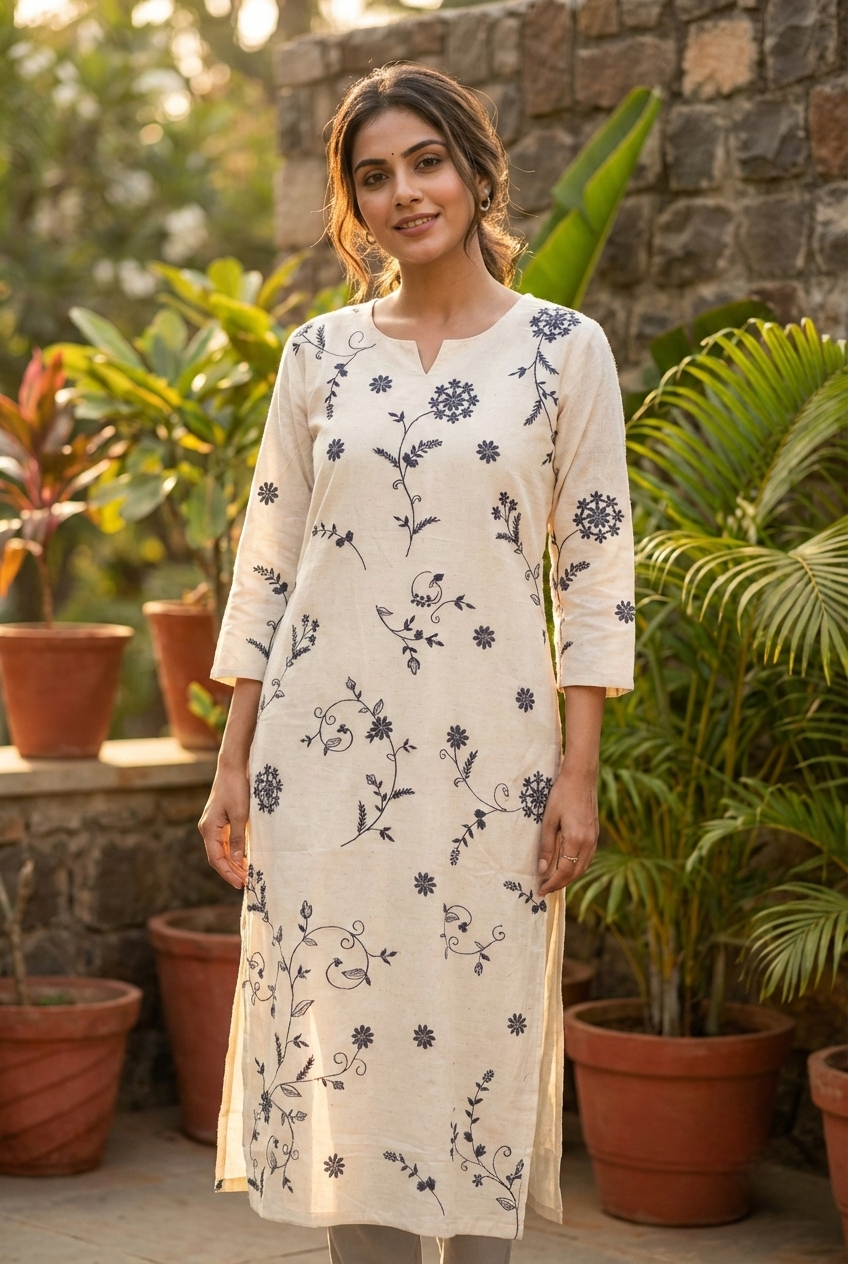 Neerus White cotton hand embroidered kurta - front view