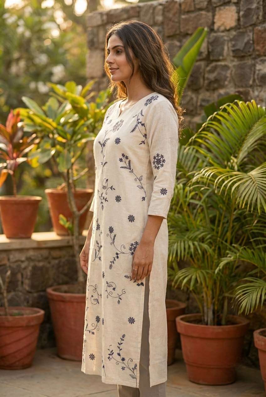 Neerus White cotton hand embroidered kurta - back view