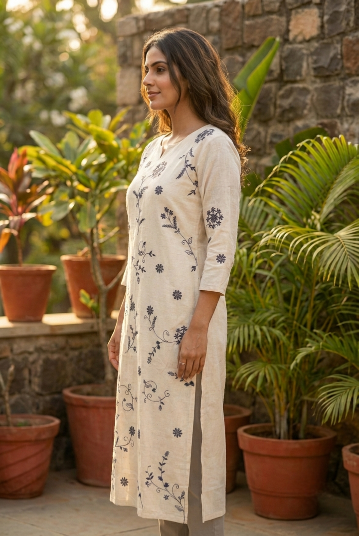 Neerus White cotton hand embroidered kurta - back view