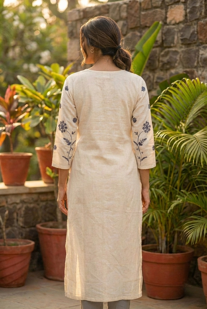 Neerus White cotton hand embroidered kurta - side view