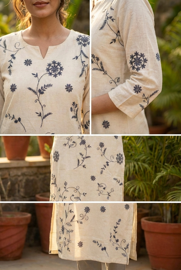 Neerus White cotton hand embroidered kurta - detail view 2