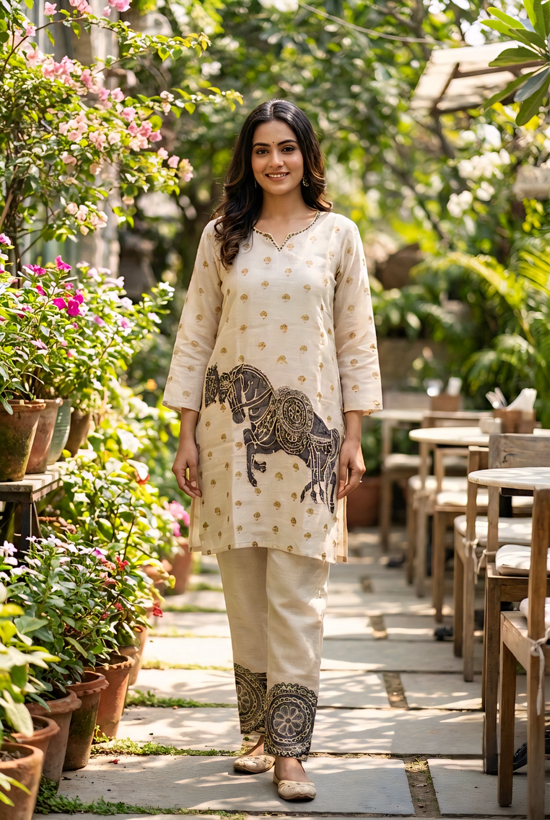 Neerus Grey linen printed kurta set - front view