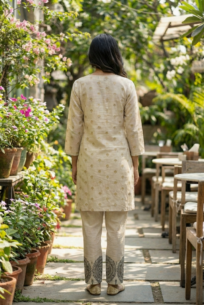 Neerus Grey linen printed kurta set - back view