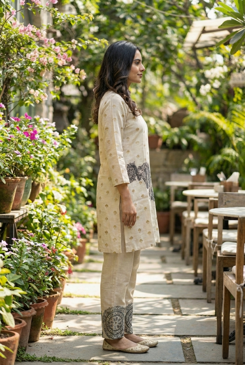 Neerus Grey linen printed kurta set - side view