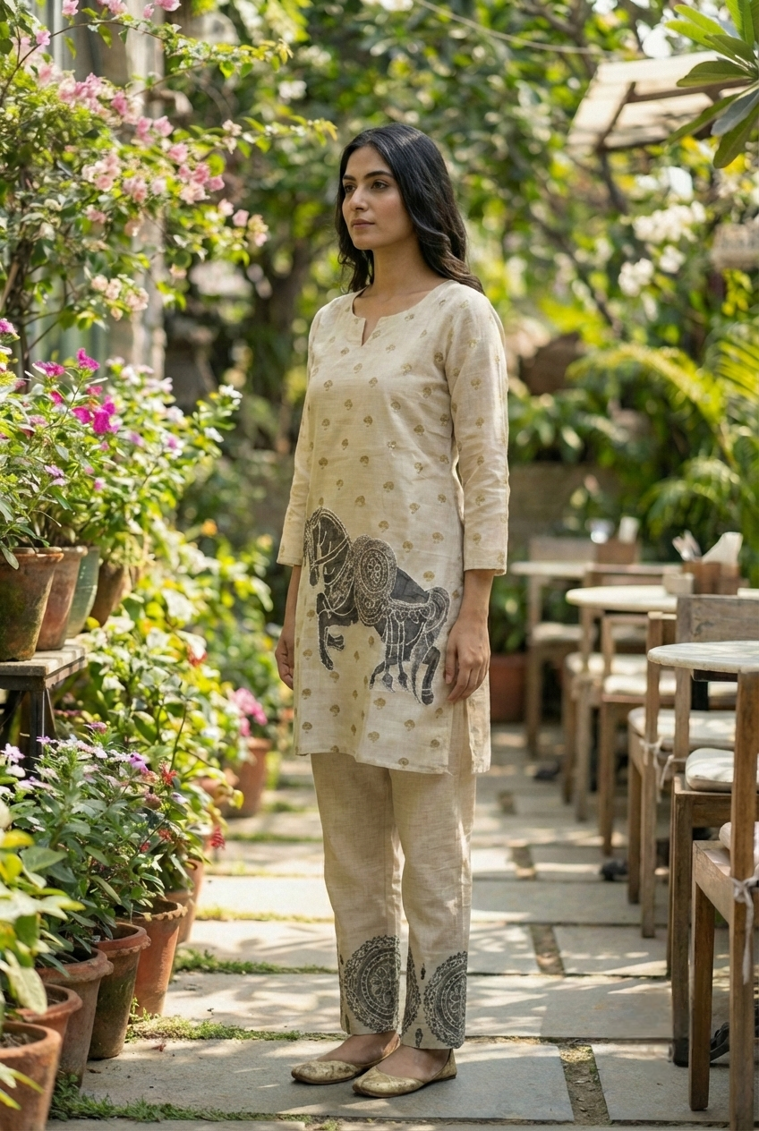 Neerus Grey linen printed kurta set - detail view 1