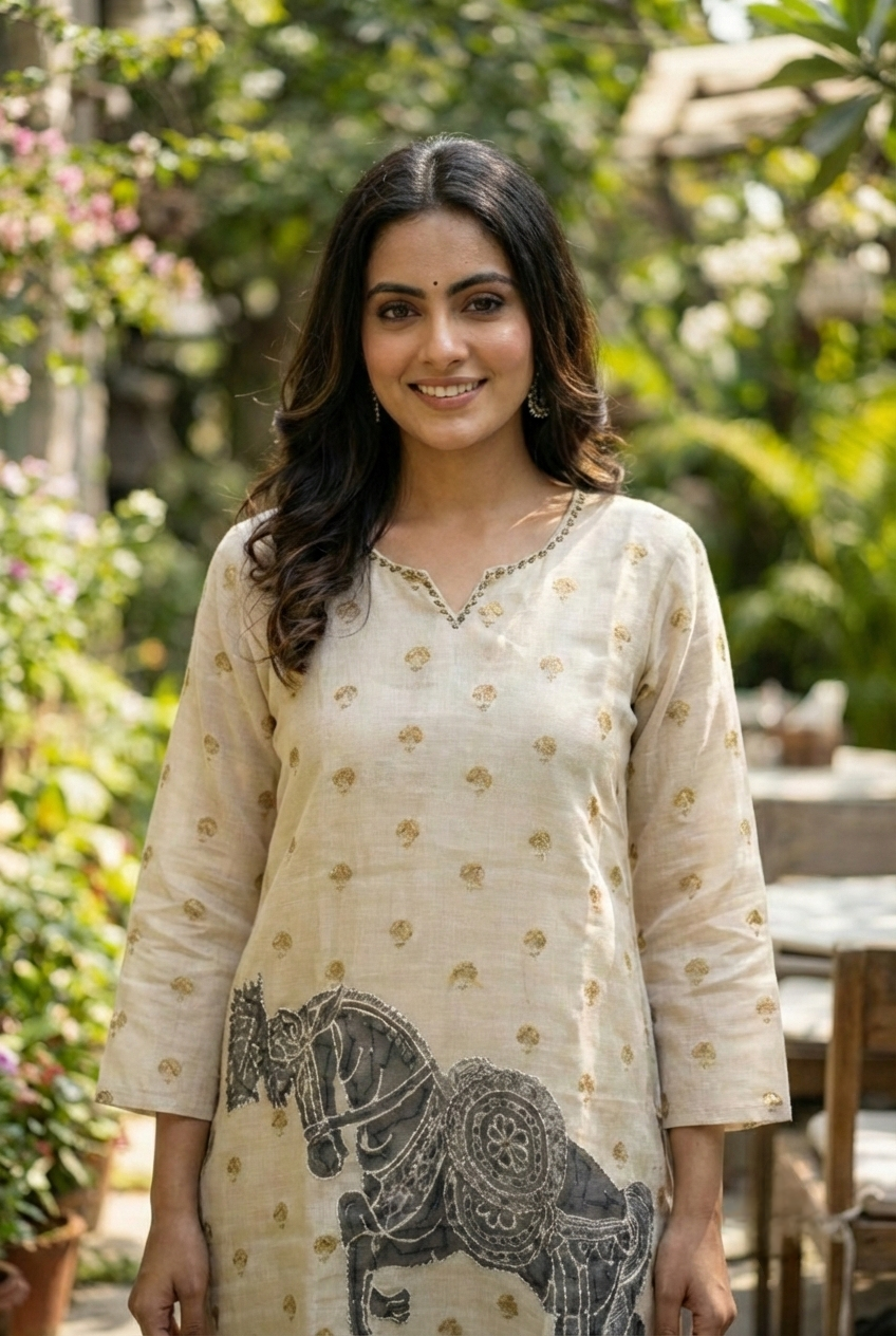 Neerus Grey linen printed kurta set - detail view 2