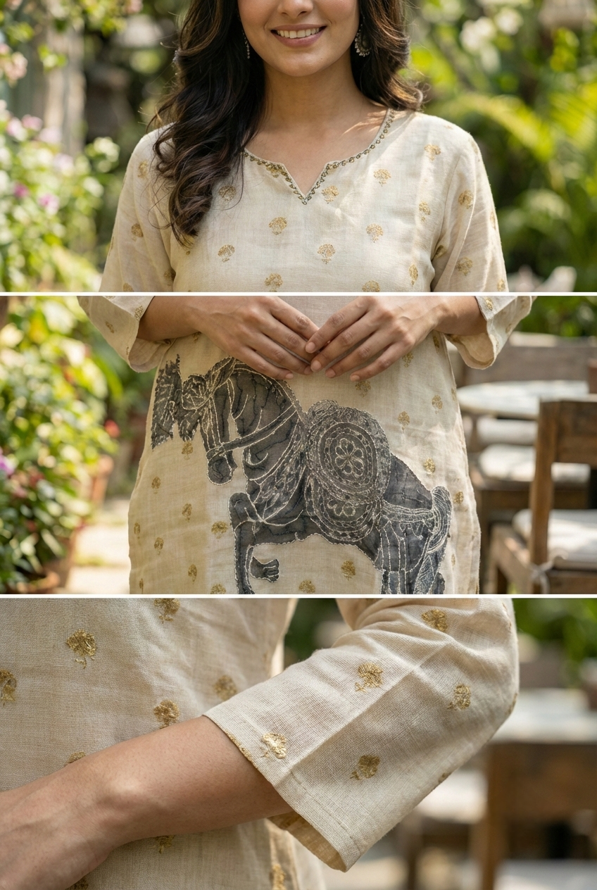 Neerus Grey linen printed kurta set - detail view 3