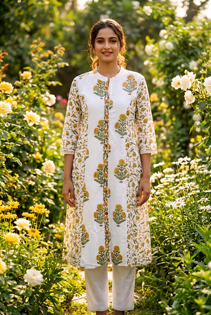 Neerus Yellow cotton printed kurta set - front view