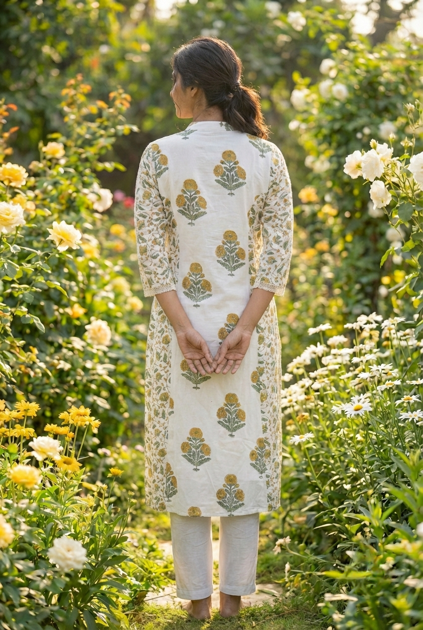 Neerus Yellow cotton printed kurta set - side view