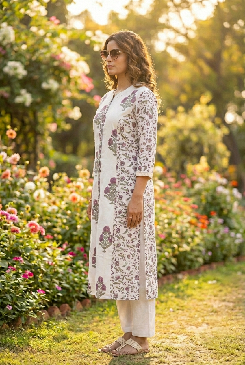 Neerus Purple cotton printed kurta set - back view