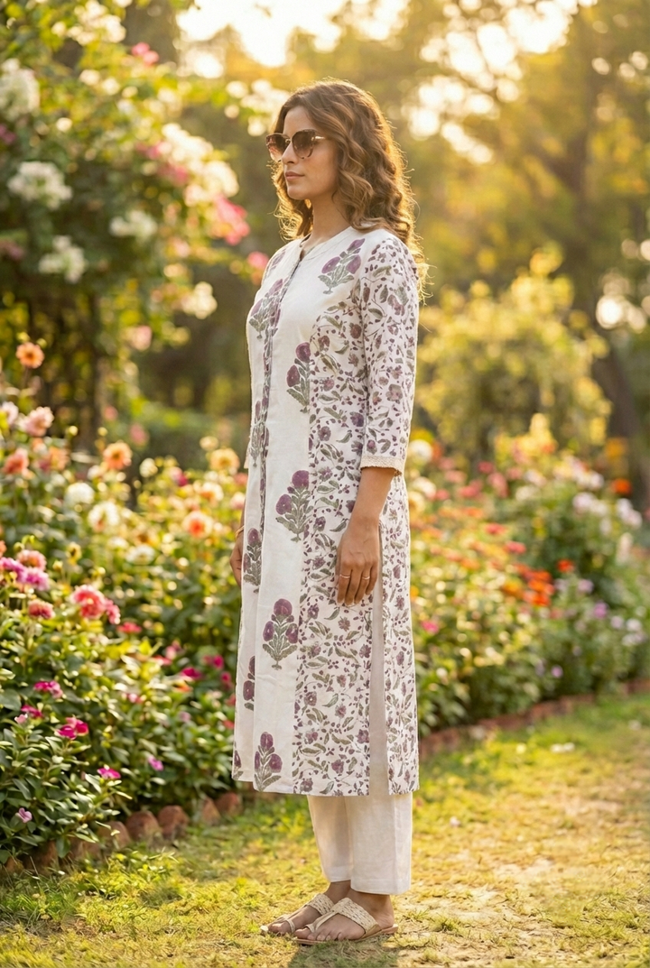 Neerus Purple cotton printed kurta set - back view