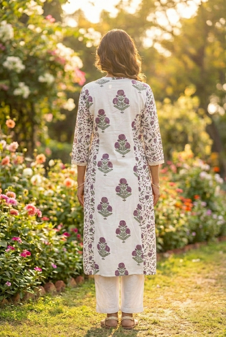 Neerus Purple cotton printed kurta set - side view