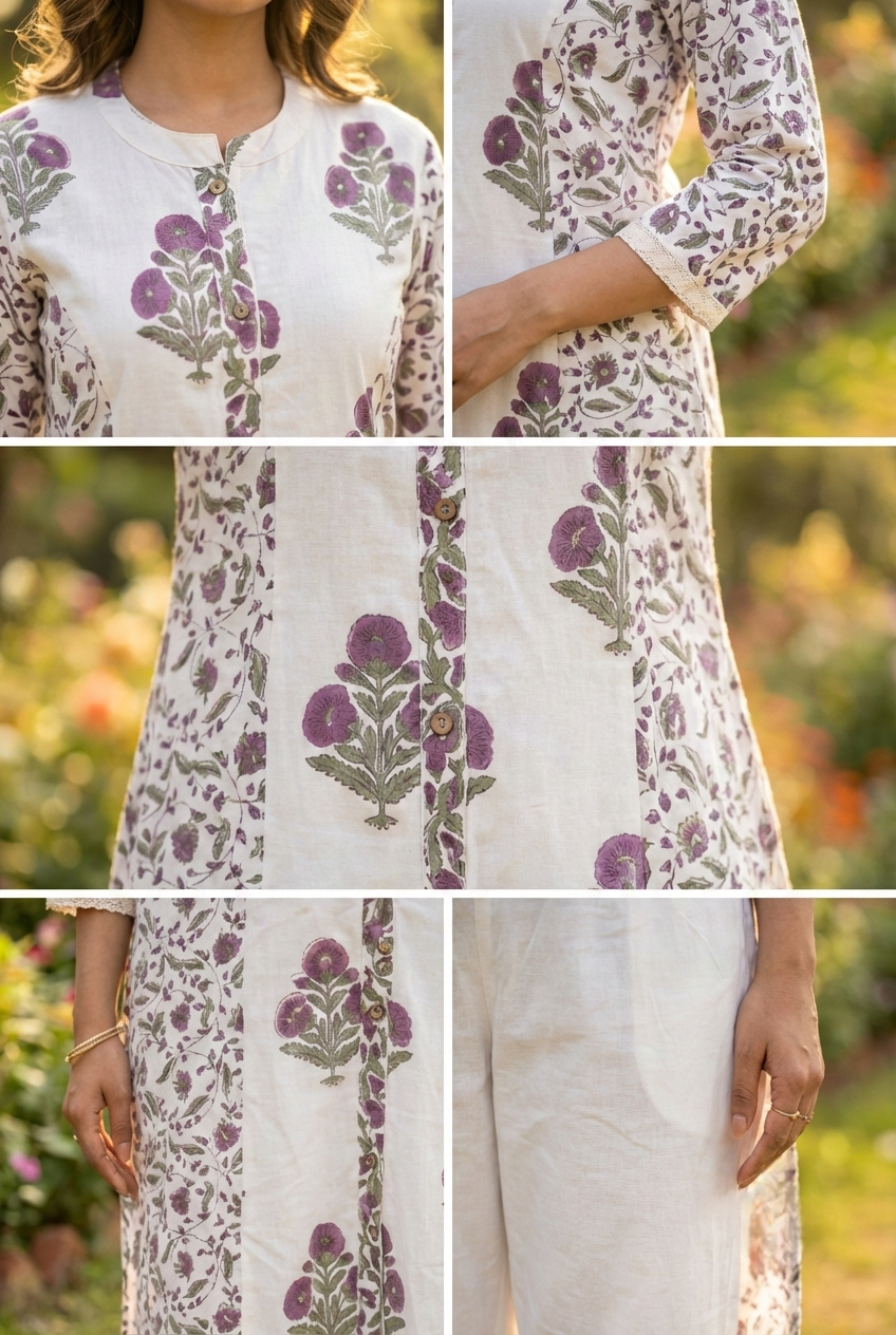Neerus Purple cotton printed kurta set - detail view 2