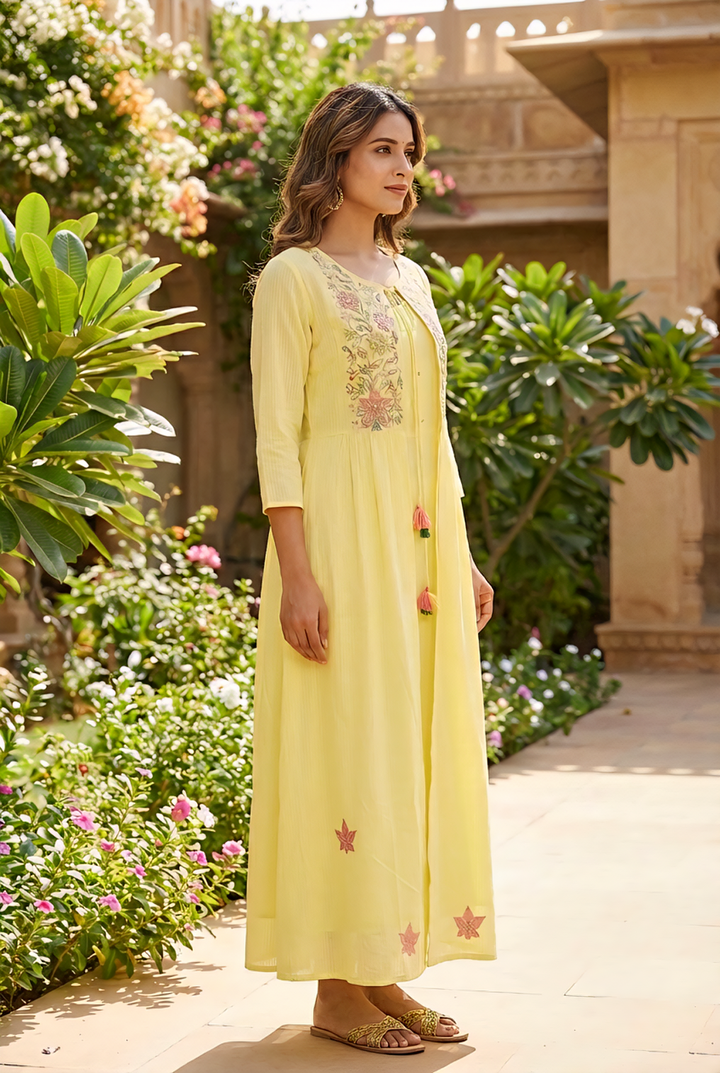 Neerus Yellow cotton hand embroidered maxi dress - back view