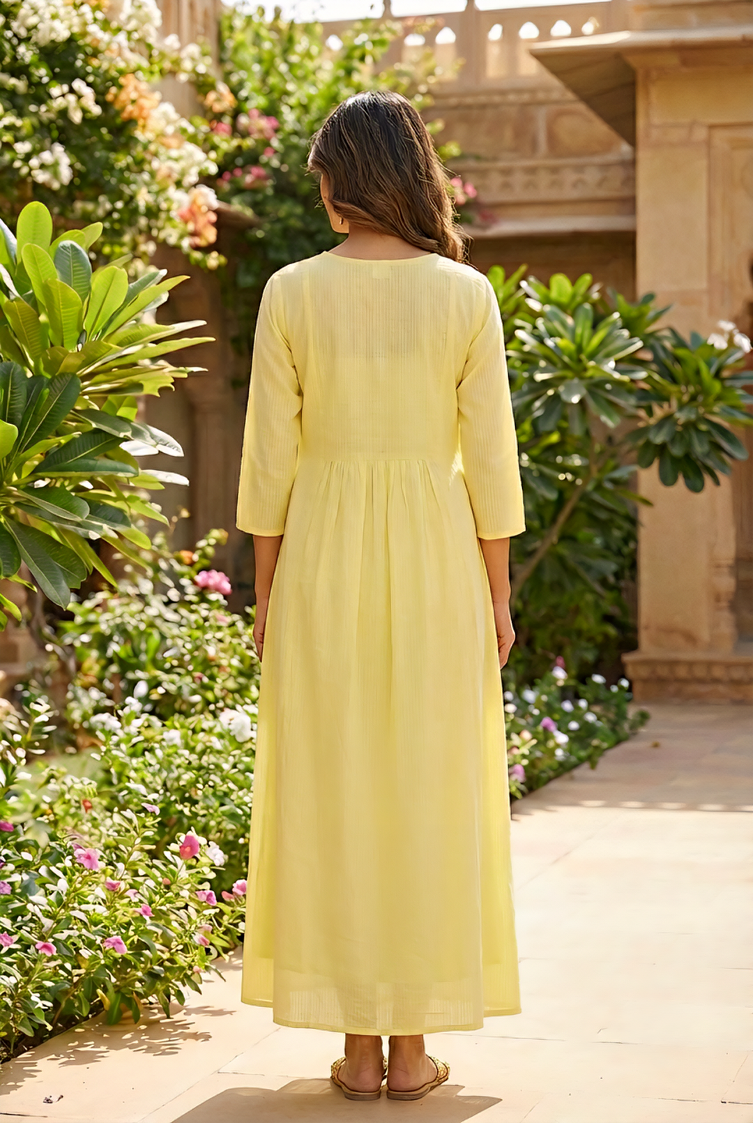 Neerus Yellow cotton hand embroidered maxi dress - side view