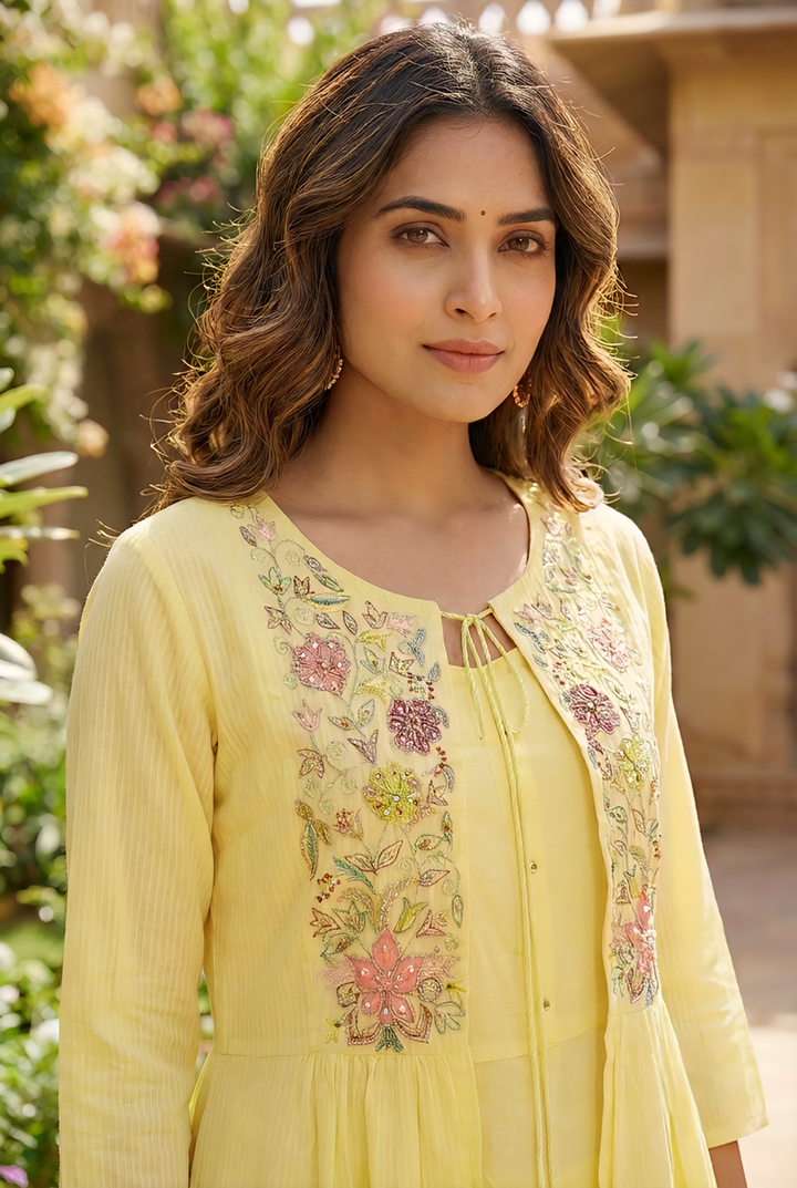 Neerus Yellow cotton hand embroidered maxi dress - detail view 1